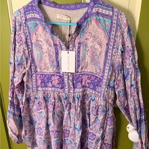 Spell Floral Lavender Peasant Tunic with Teal Accents
